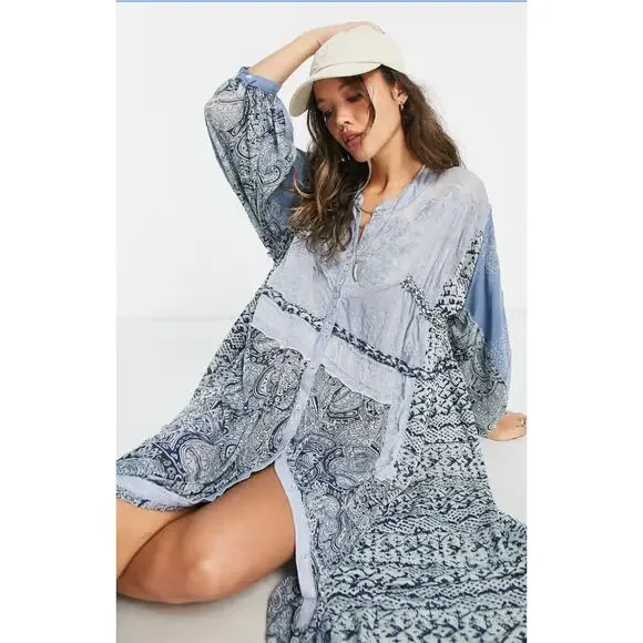 Free People Blue Patchwork Oh my Flowy Dress - Picture 2 of 7